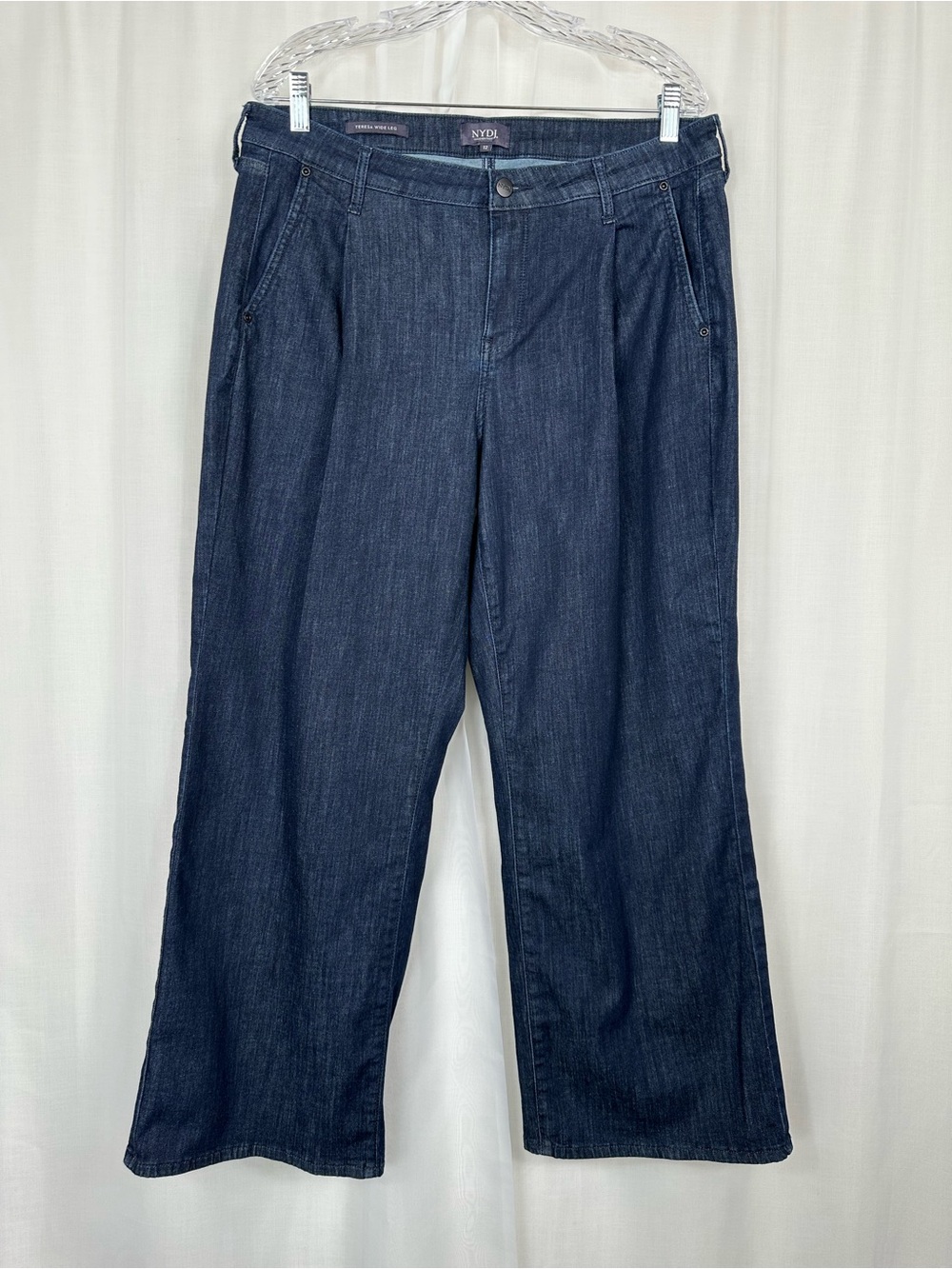 NYDJ Teresa Pleated Wide Leg Ankle Jeans Size 12 Dark Blue High Rise Stretchy